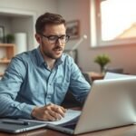 Ingatlan-értékbecslő dolgozik a számítógép előtt.