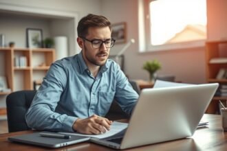 Ingatlan-értékbecslő dolgozik a számítógép előtt.