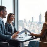 Ingatlanértékesítők üzleti tárgyalás közben egy modern irodában.