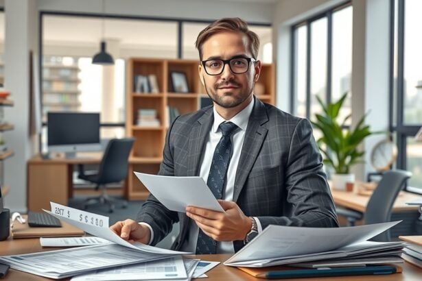 Ingatlanközvetítő a munkahelyén, papírokkal és számítógéppel.