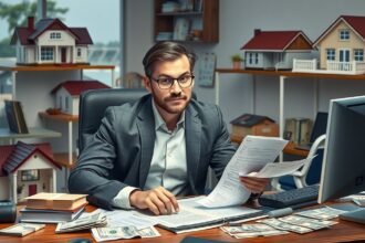 Ingatlanügynök az irodájában, jövedelmi dokumentumokat vizsgálva.