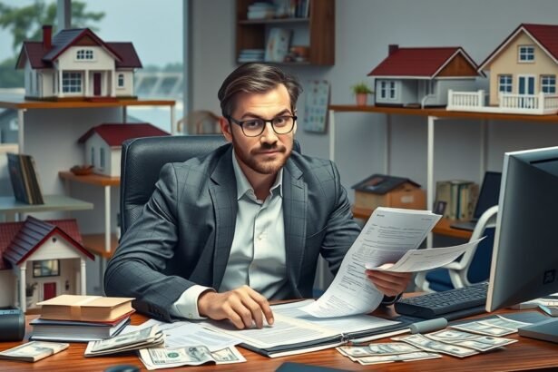 Ingatlanügynök az irodájában, jövedelmi dokumentumokat vizsgálva.