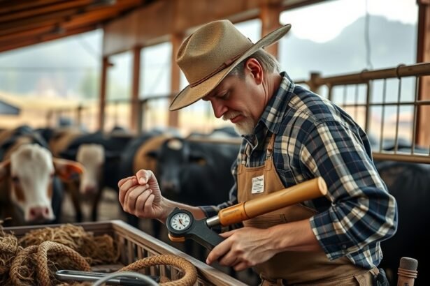Inszeminátor dolgozik egy farmon, a mezőgazdaságban