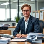 Irodai adminisztrátor egy modern munkahelyen, számítógép előtt