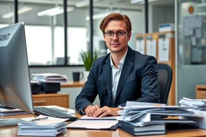 Irodai adminisztrátor egy modern munkahelyen, számítógép előtt