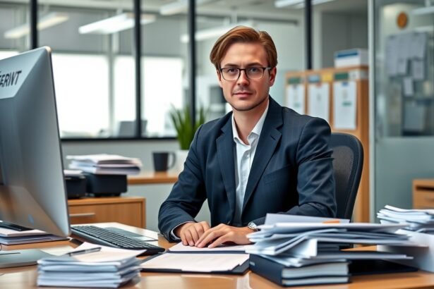 Irodai adminisztrátor egy modern munkahelyen, számítógép előtt