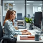 Egy irodai asszisztens dolgozik az irodában, számítógépen gépelve.