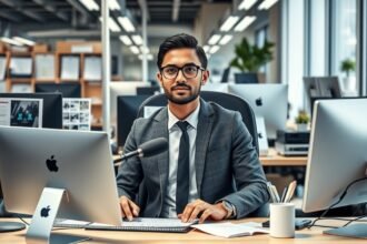 Irodai dolgozó egy modern irodában, számítógépekkel körülvéve.