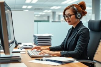 Irodai titkár munkakörében, modern irodai környezetben, számítógépnél dolgozva.