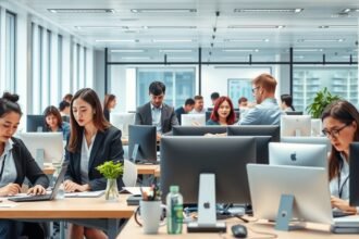 Irodai dolgozók munkája egy modern irodában.