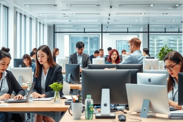 Irodai dolgozók munkája egy modern irodában.