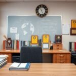 Iskolaigazgató iroda, díjak és könyvek az asztalon