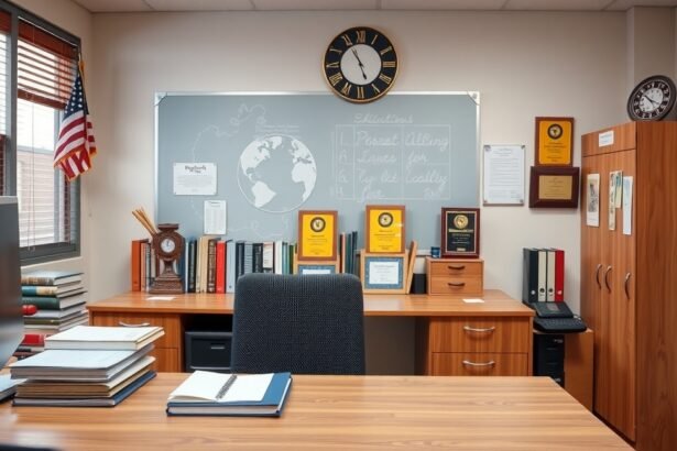 Iskolaigazgató iroda, díjak és könyvek az asztalon