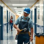 Iskolai karbantartó dolgozik egy iskolai folyosón.