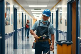 Iskolai karbantartó dolgozik egy iskolai folyosón.