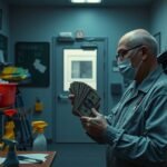 Iskolai portás pénzt számoló férfi egy iskola irodájában.