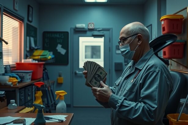 Iskolai portás pénzt számoló férfi egy iskola irodájában.