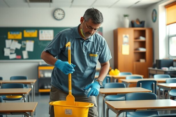 Iskolai takarító munkáját végzi egy tanteremben