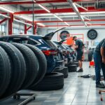 Gumiabroncs cserélés autószervizben, szakemberek dolgoznak.