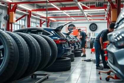 Gumiabroncs cserélés autószervizben, szakemberek dolgoznak.