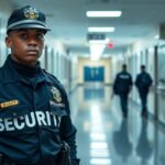 Iskolaőr biztonsági egyenruhában egy folyosón