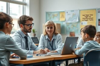 Iskolapszichológusok ülése diákokkal a tanteremben
