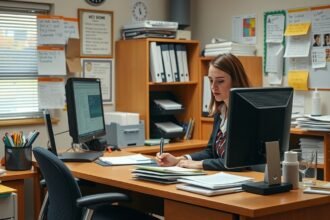 Iskolatitkár dolgozik az irodájában, papírok és számítógép között.