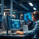 IT helpdesk munkatárs számítógép előtt, fejhallgatós