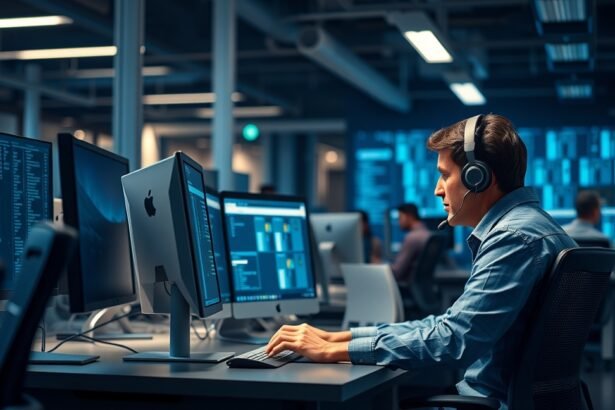 IT helpdesk munkatárs számítógép előtt, fejhallgatós