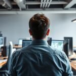 IT projektmenedzser hátulról az irodában, számítógépek előtt ülve.