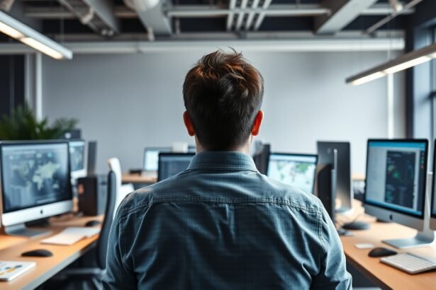 IT projektmenedzser hátulról az irodában, számítógépek előtt ülve.
