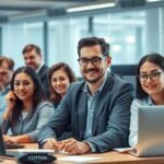 IT szakemberek csoportja irodai környezetben, mosolyogva dolgoznak.