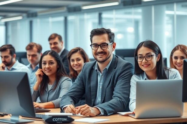 IT szakemberek csoportja irodai környezetben, mosolyogva dolgoznak.