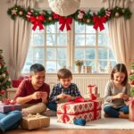 Gyerekek karácsonyi ajándékokat csomagolnak a feldíszített szobában.