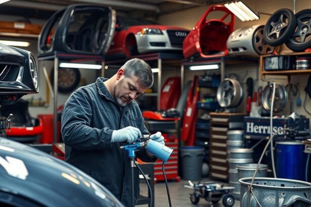 Járműfényező munka közben, autószerelő műhelyben.