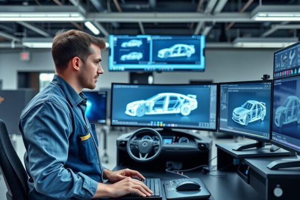 Járműmérnök számítógépen autómodellek tervezése közben.
