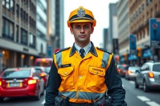 Járőr a város központjában, forgalmas úton