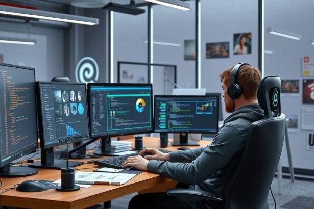 Játékfejlesztő programozás munkaállomásán, több képernyővel