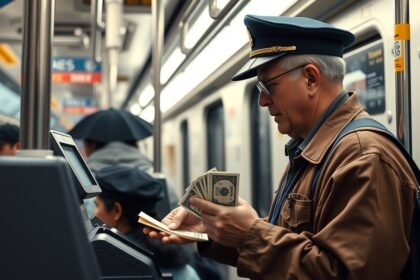 Jegyellenőr pénzt számol a metrón