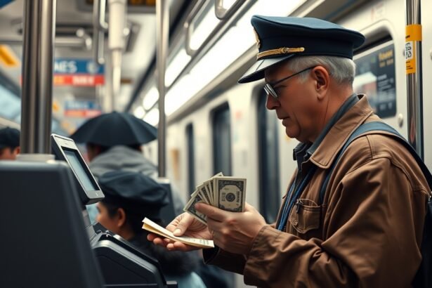 Jegyellenőr pénzt számol a metrón