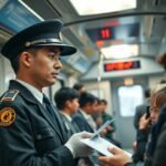 Jegyvizsgáló a metrón, jegyek ellenőrzése közben