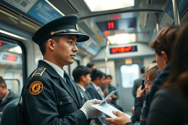 Jegyvizsgáló a metrón, jegyek ellenőrzése közben