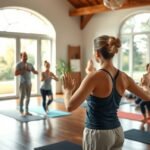 Jógaóra egy stúdióban, jógaoktató és tanulók