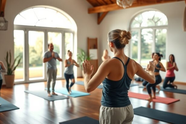 Jógaóra egy stúdióban, jógaoktató és tanulók