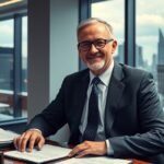 Jogtanácsos az irodájában, mosolyogva a kamerába.