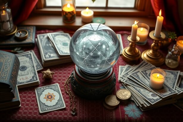 Jós eszközök, gyertyák és pénz egy asztalon
