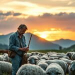 Juhász a mezőn, birkákkal a naplementében