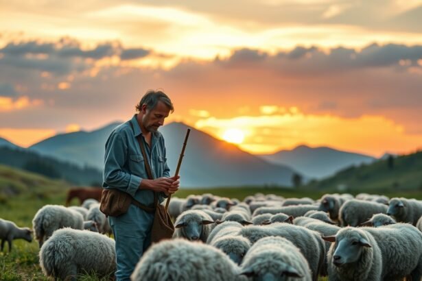 Juhász a mezőn, birkákkal a naplementében