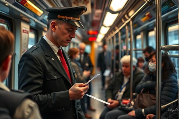 Kalauz a metrón, jegyek ellenőrzése közben.