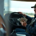 Kamionos pénzt számoló sofőr a jármű volánjánál ülve